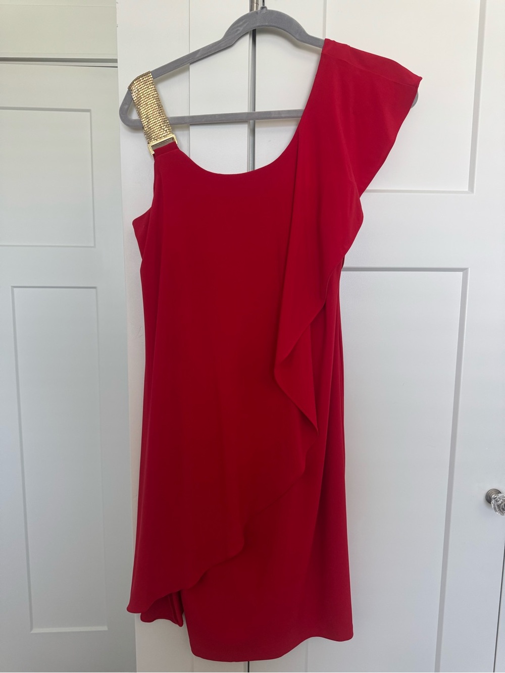 Dress Barn Red One-Shoulder Dress with Gold Accent Strap